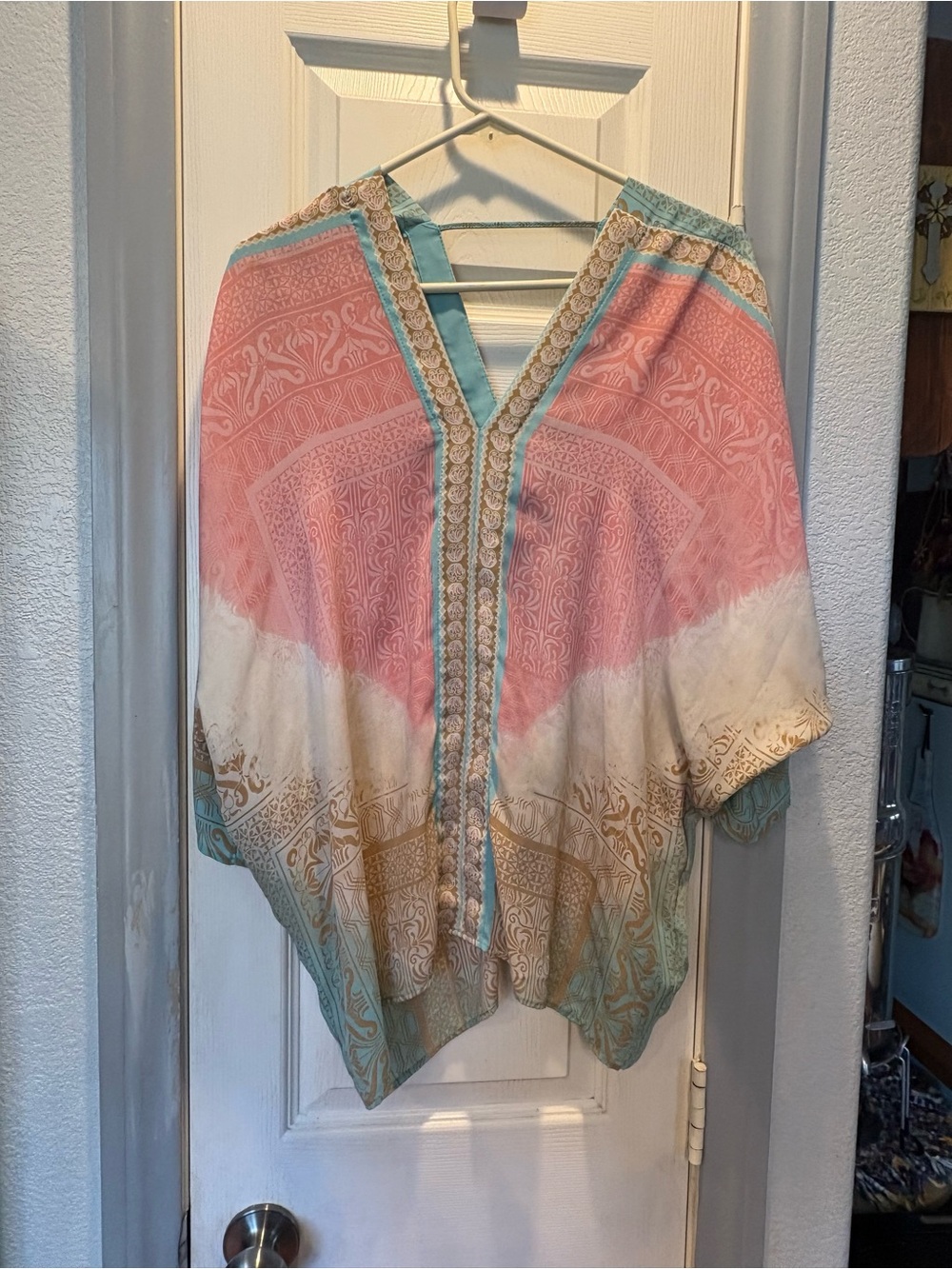 Rose & Olive Pink, White & Aqua Patterned V-Neck Blouse